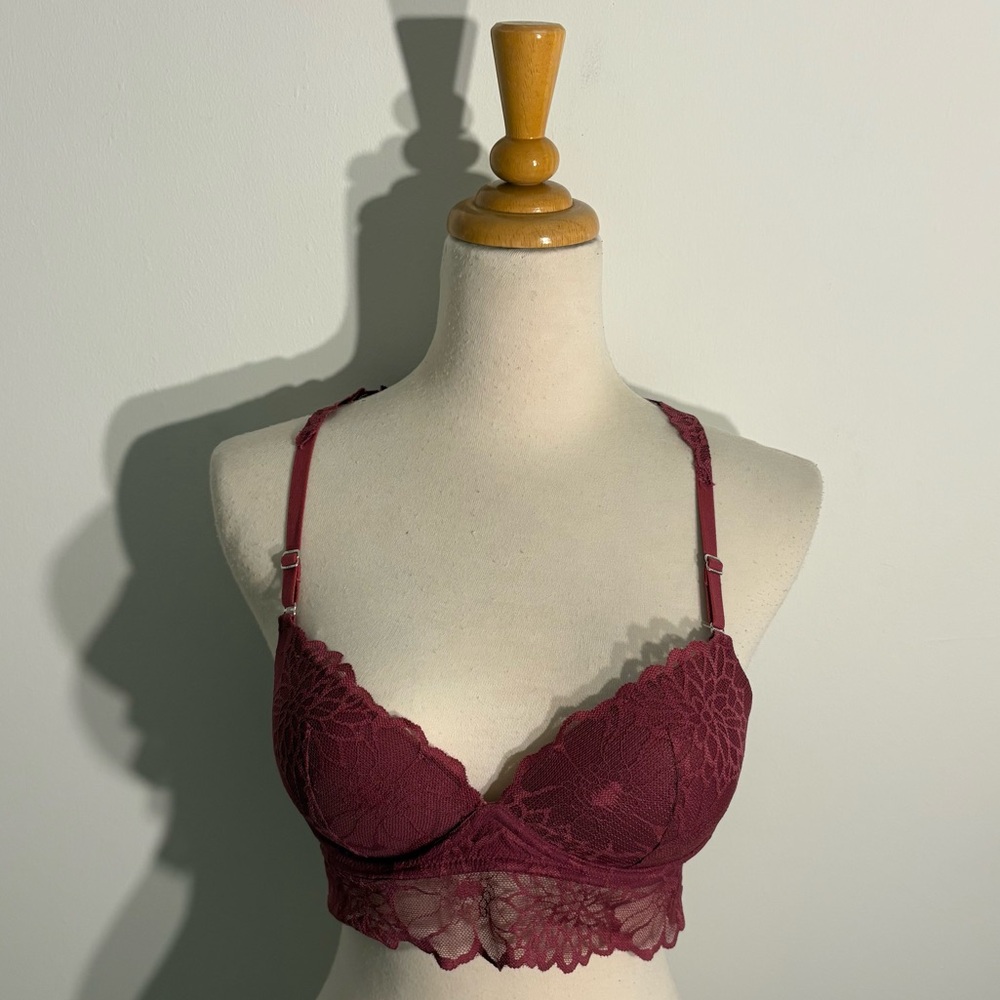 Victorias Secret PINK Womens Bralette Small Burgundy Red Lace Racerback Wireless